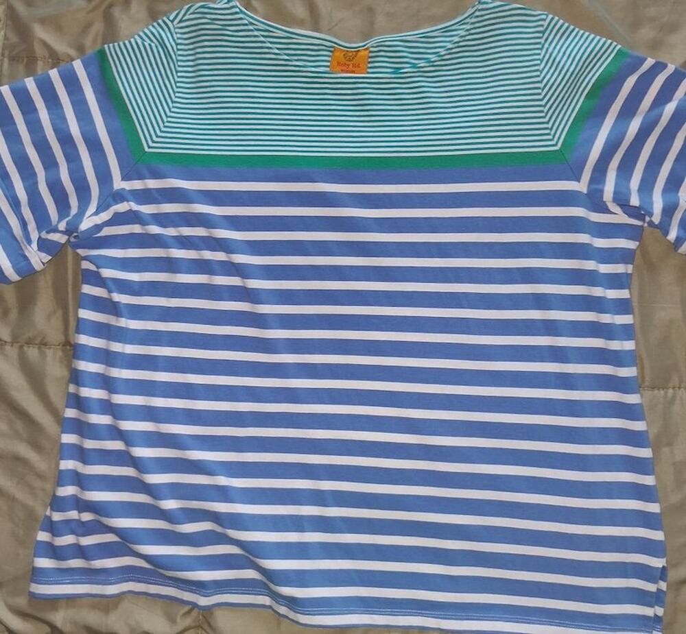Ruby Rd Striped Colorblock Boatneck Tee Blue Green Nautical Stripe Top XL